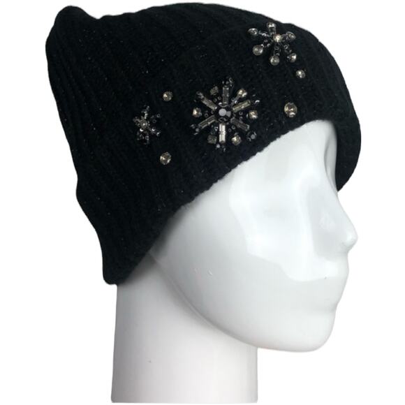 Victoria’s Secret Women's Sparkle Pom Pom Black Snowflake Beaded Hat NWT - Picture 4 of 5